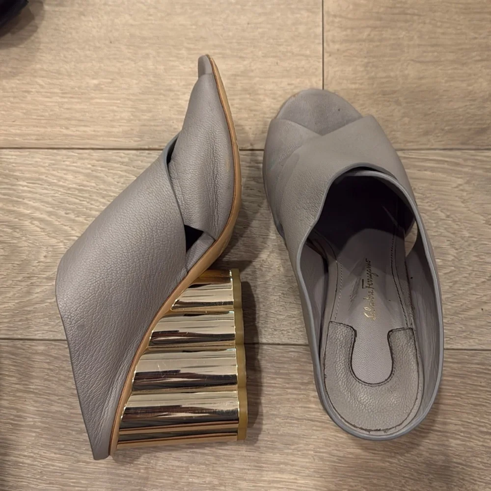 Salvatore Ferragamo Gray and Gold Mules with Sculptural Heel - Picture 4 of 9